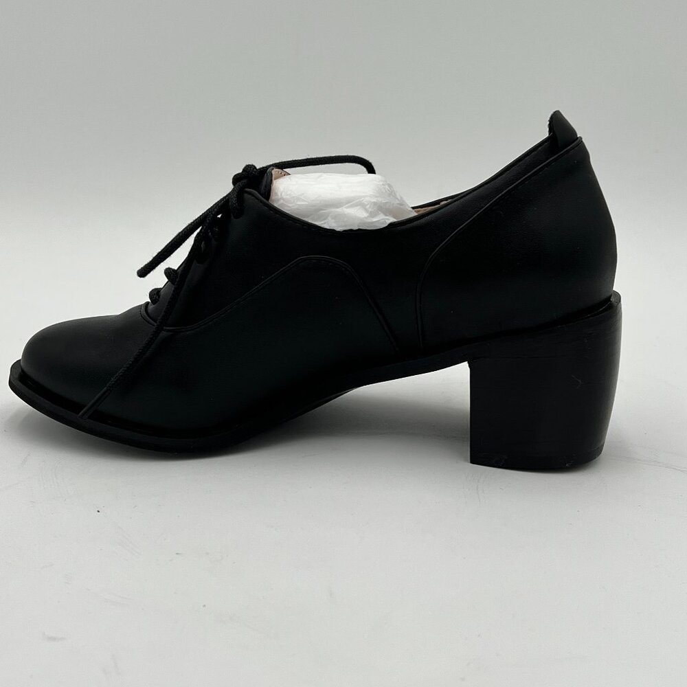 Black Women's Lace-Up Oxfords Almond Toe Chunky Heel Derby Saddle Shoes